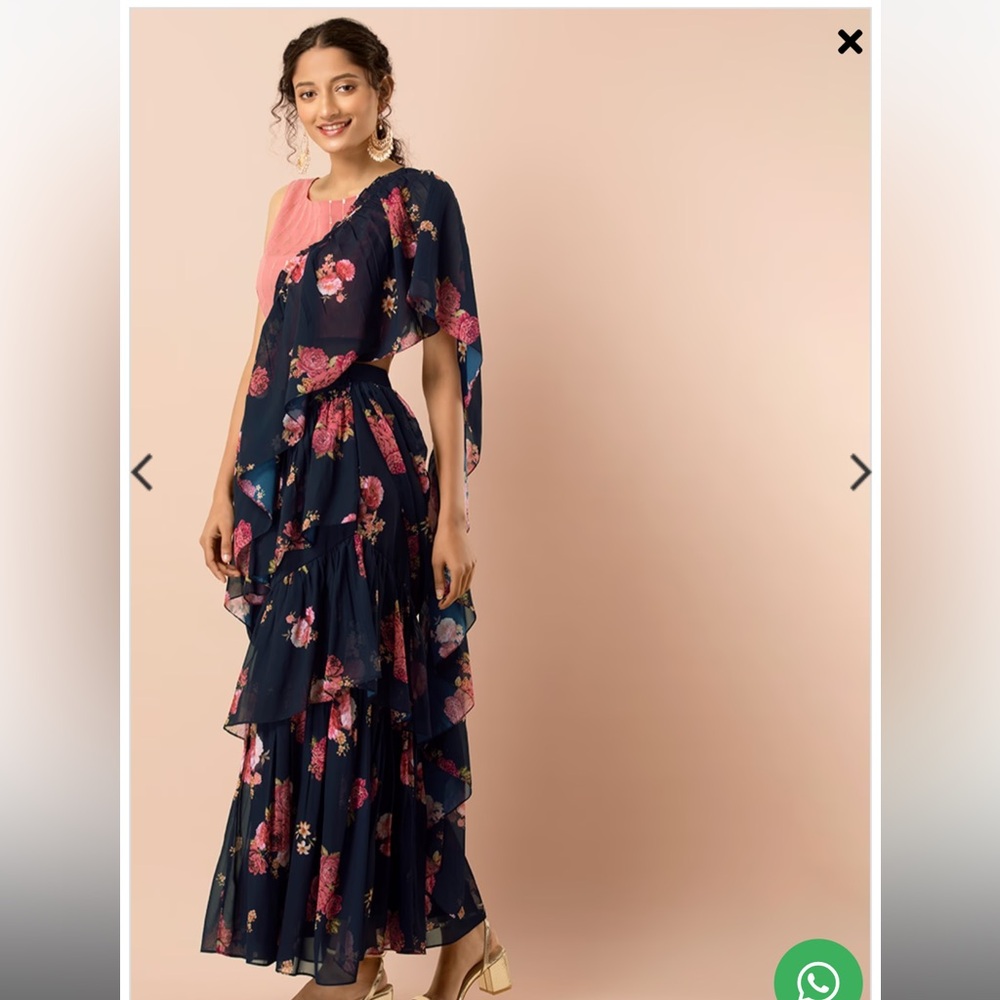 Navy Floral Ruffled Pre-Stitched Saree (Without Blouse)